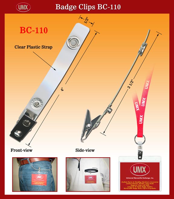 BC-110 Clear Plastic Badge Straps with Badge Clips and Snap Buttons