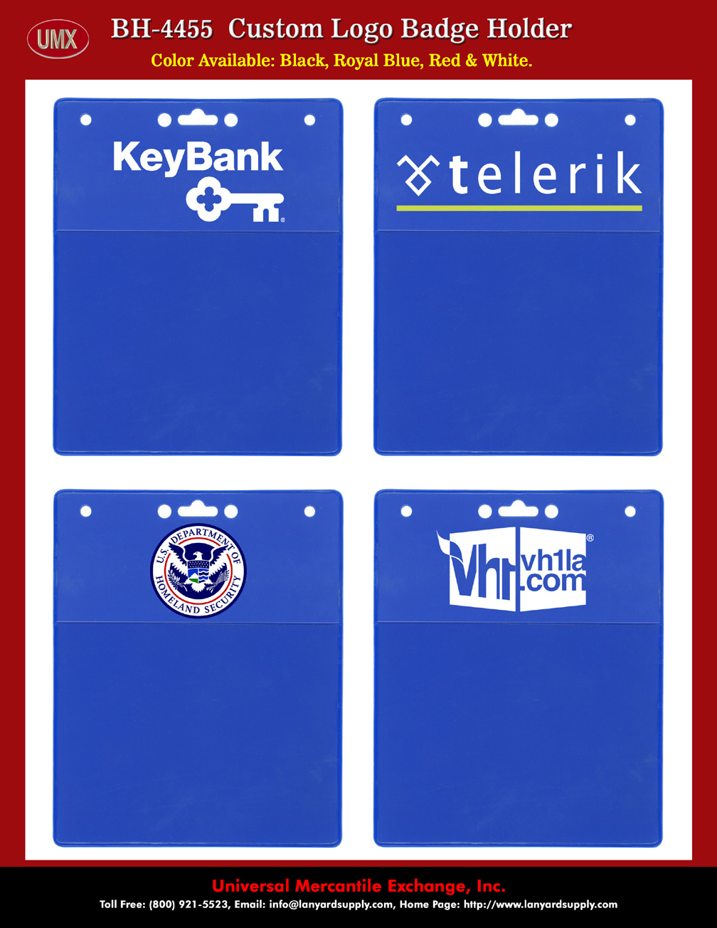 Custom Imprinted Company Name Badge Holders With Royal Blue Color Background