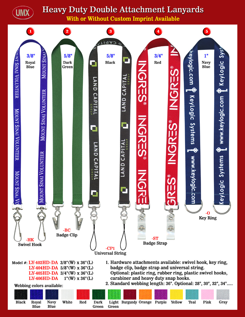 3/8", 5/8", 3/4"& 1" Heavy Duty Polyester Double-End Neck Lanyards.