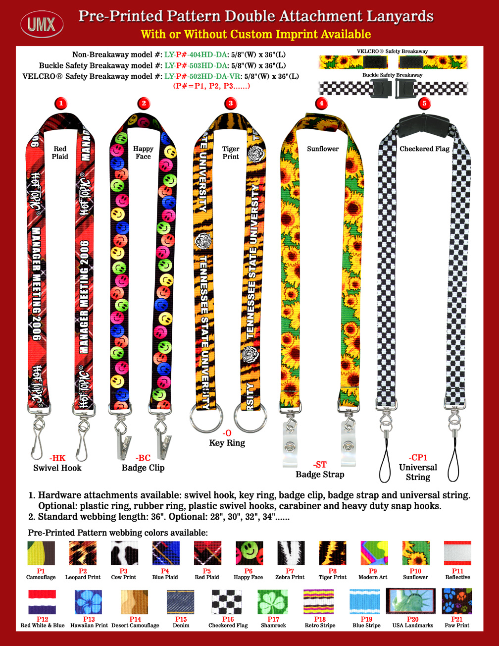 5/8" Pre-Printed Pattern Double-End Neck Lanyards.