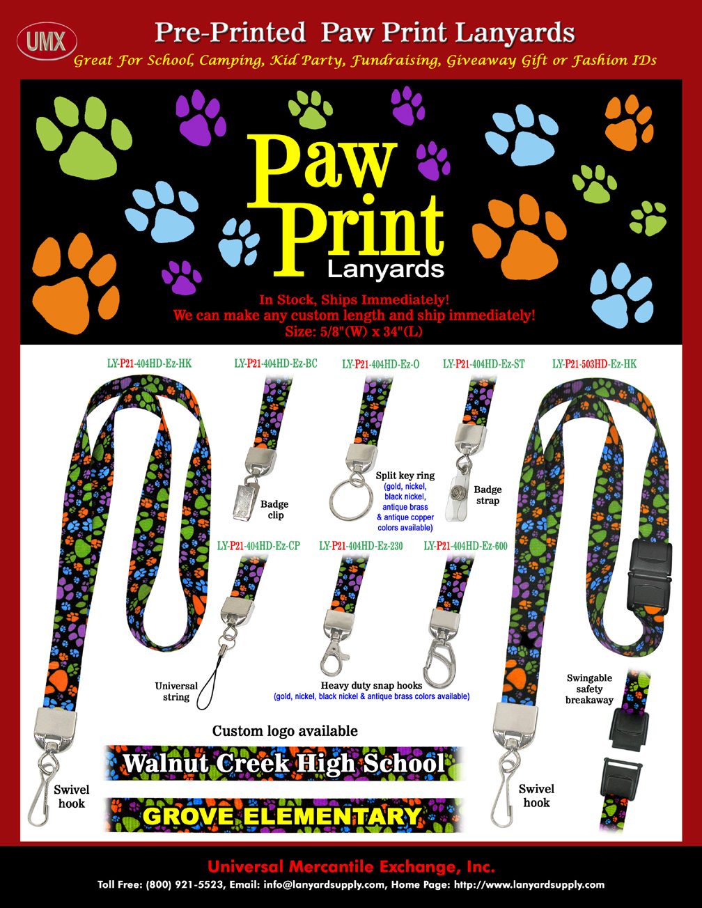 Paw Print Neck Lanyards With Pre-Printed Animal Paw Print Themes.