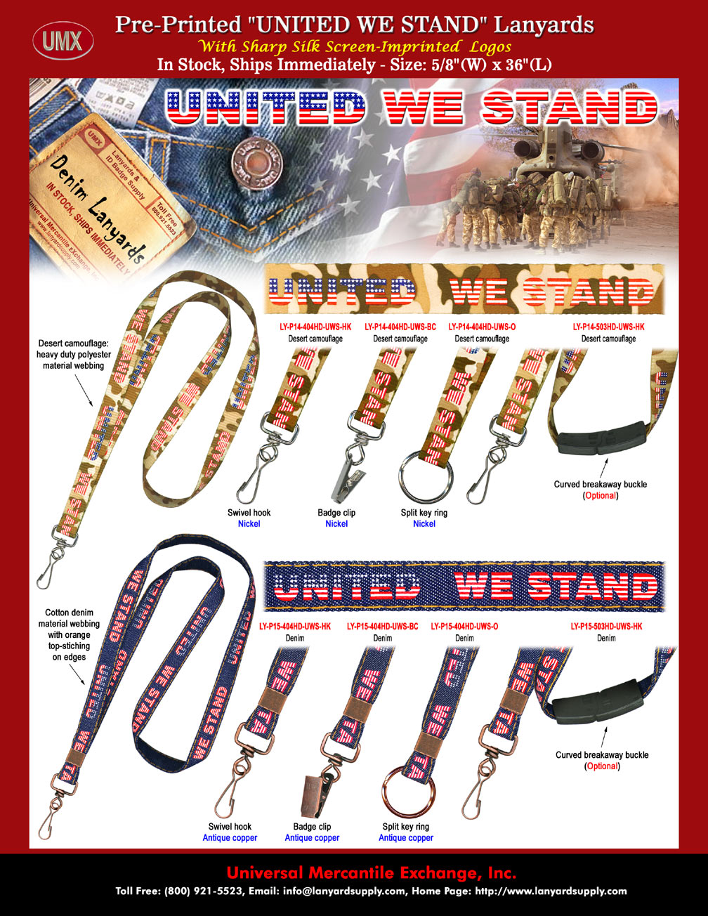 Pre-Printed "United We Stand" Lanyards -  With Denim and Desert Camouflage Background