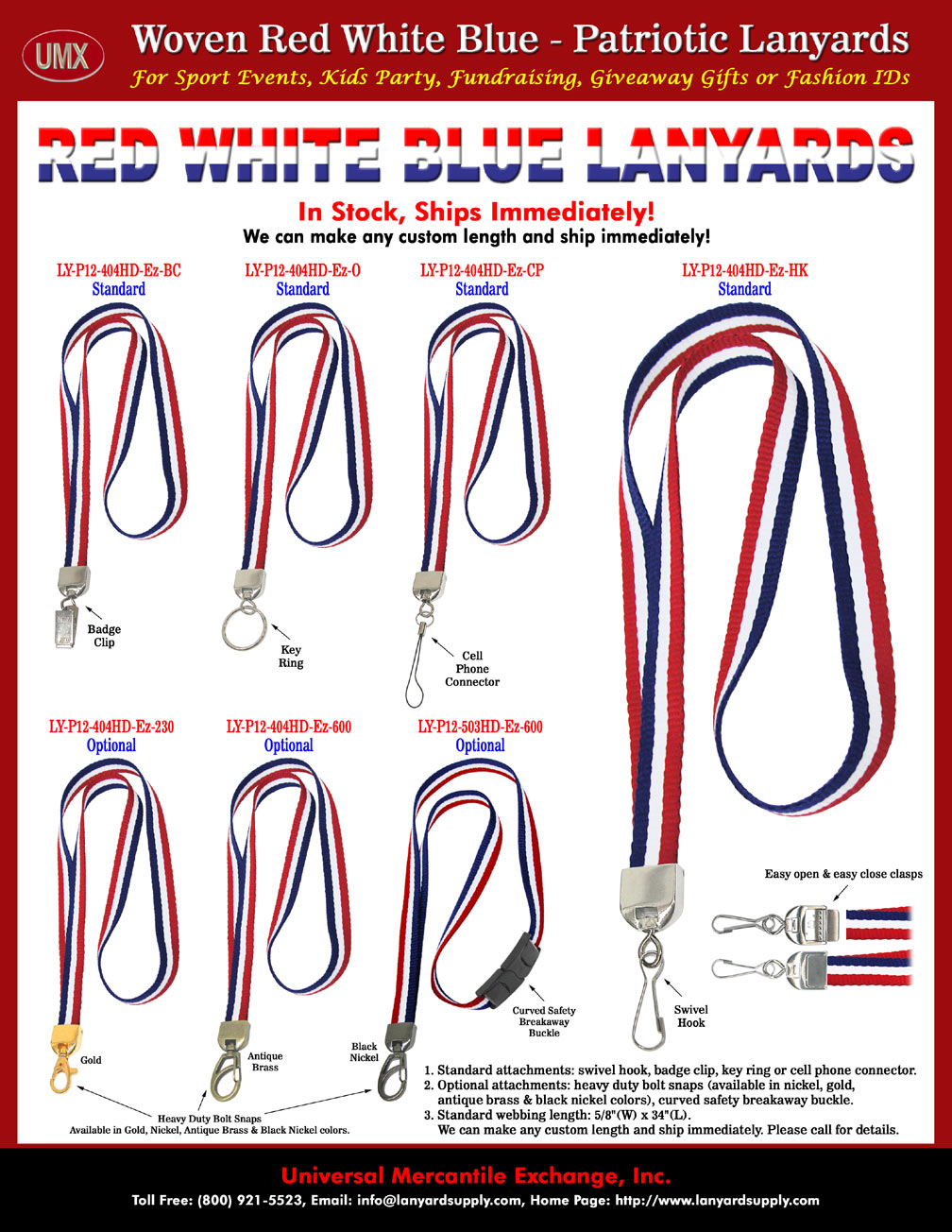 Lanyards With Woven Red-White-Blue Stripes For Cell Phone Straps and Medal Award Neck Ribbon Lanyard Supplies