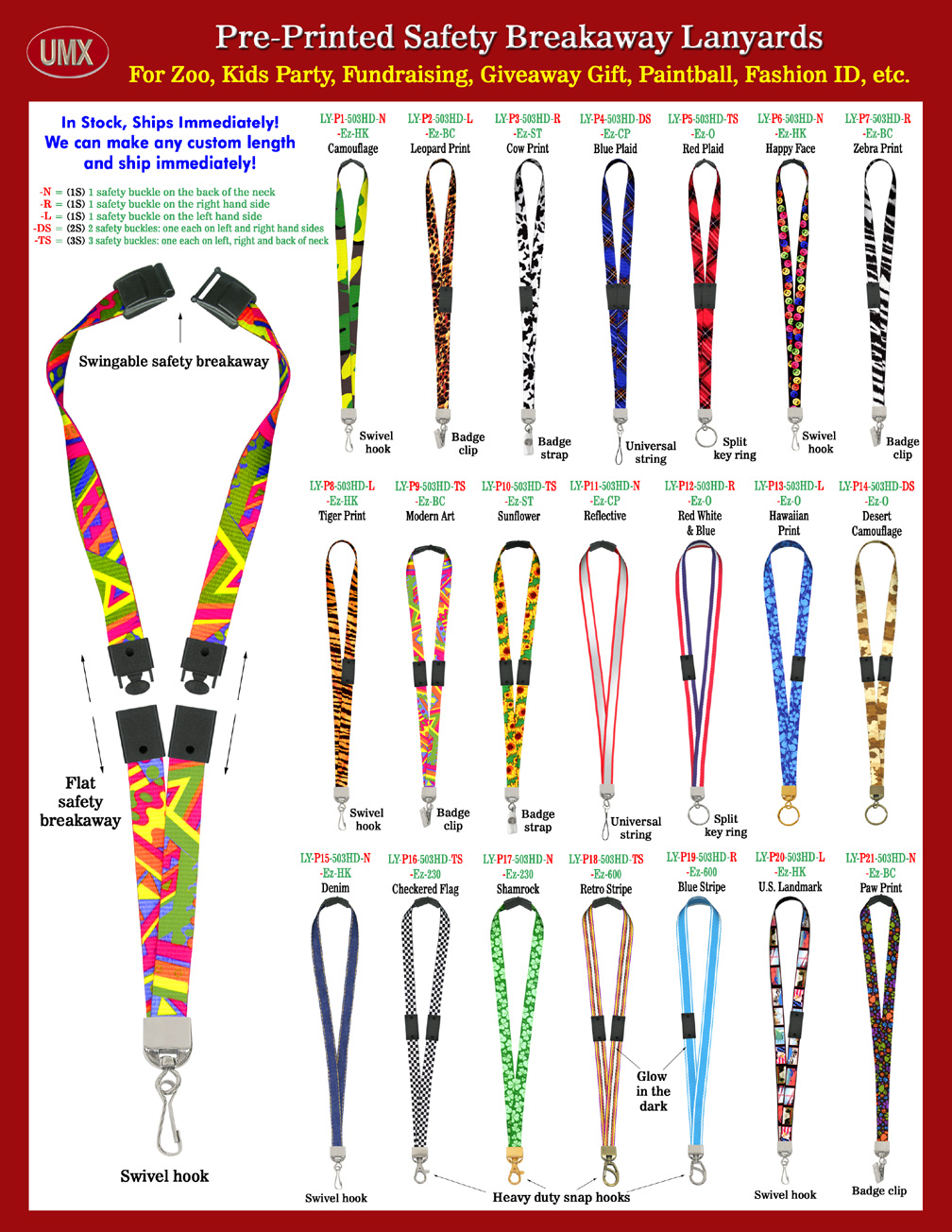 Cool and Unique Designed ID Tag Lanyards With Multiple Safety Breakaway Pre-Printed Themes