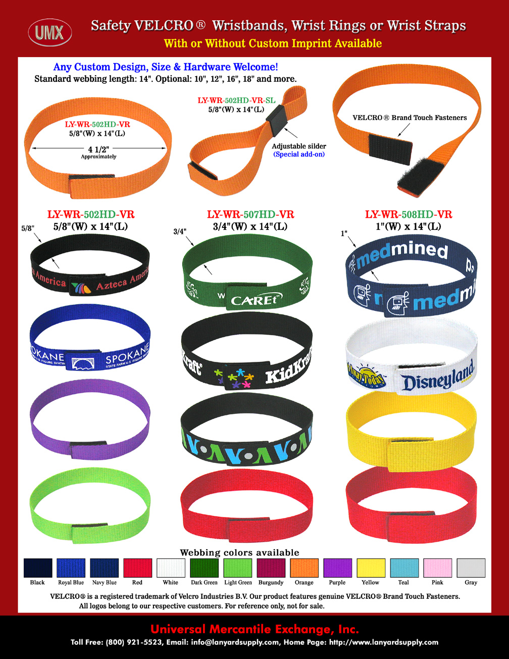 5/8",3/4" and 1" Plain Color Velcro Safety Wristband, Bracelet, Wrist Band, Strap or Ring Lanyard At No Metal..