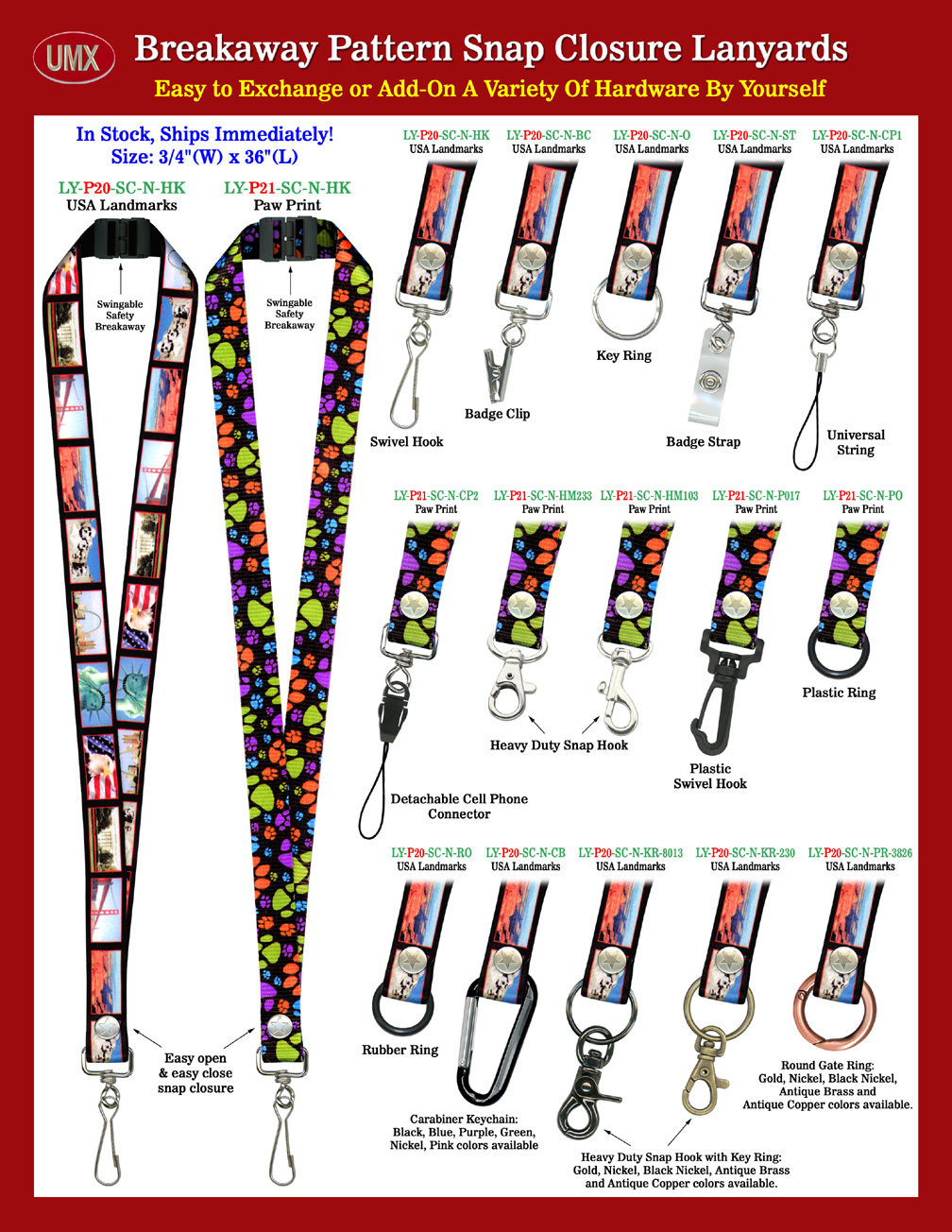 Great Look USA Landmark and Paw Print Safety Breakaway Snap-On ID Tag Lanyards