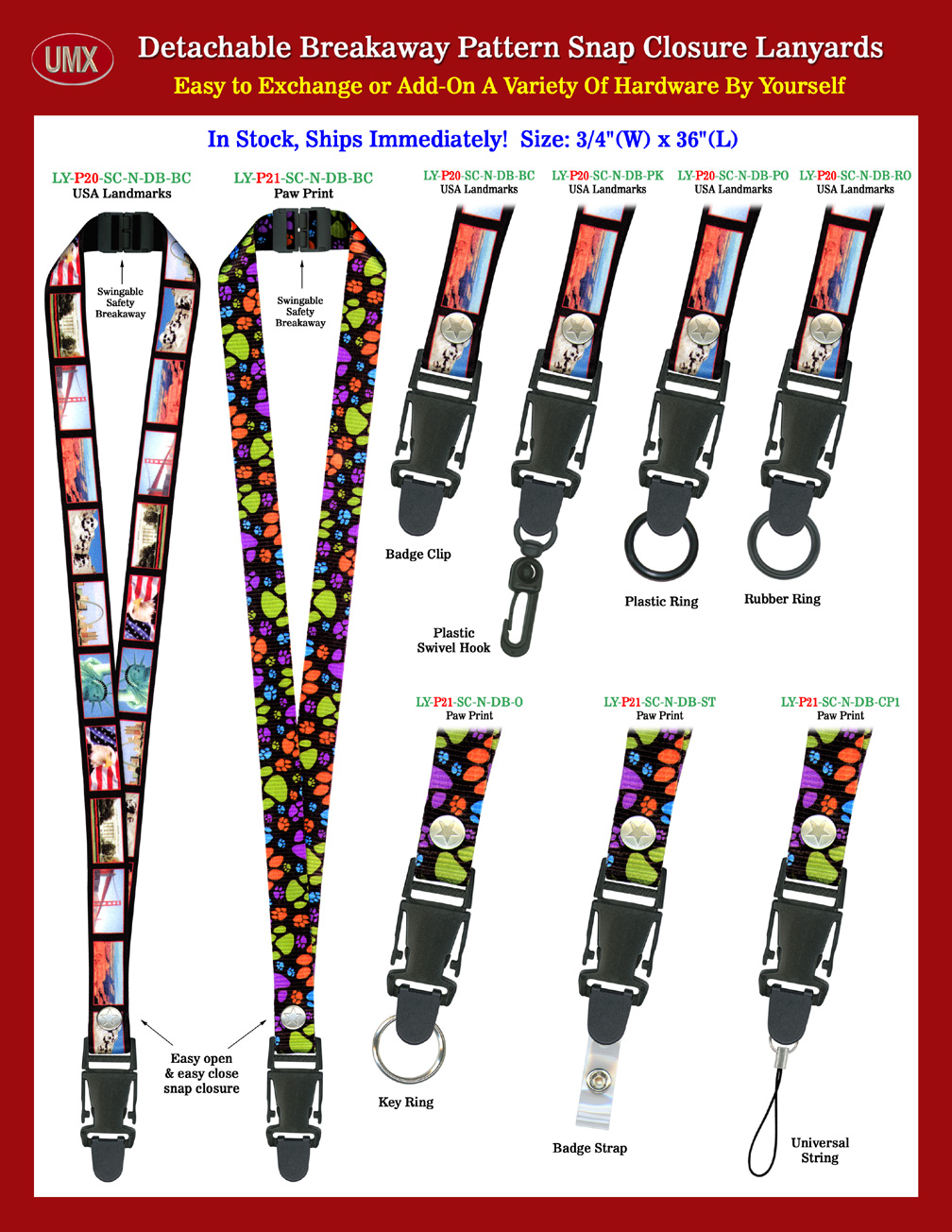 3/4" Snap Closure Lanyards With Printed Famous USA Landmarks and Paw Prints.