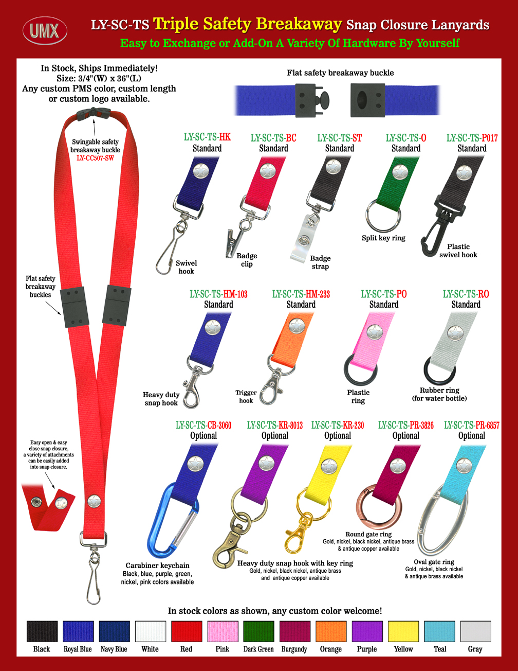 3/4" Three Safety Snap-Fastener Lanyards With Three Safety Breakaway
