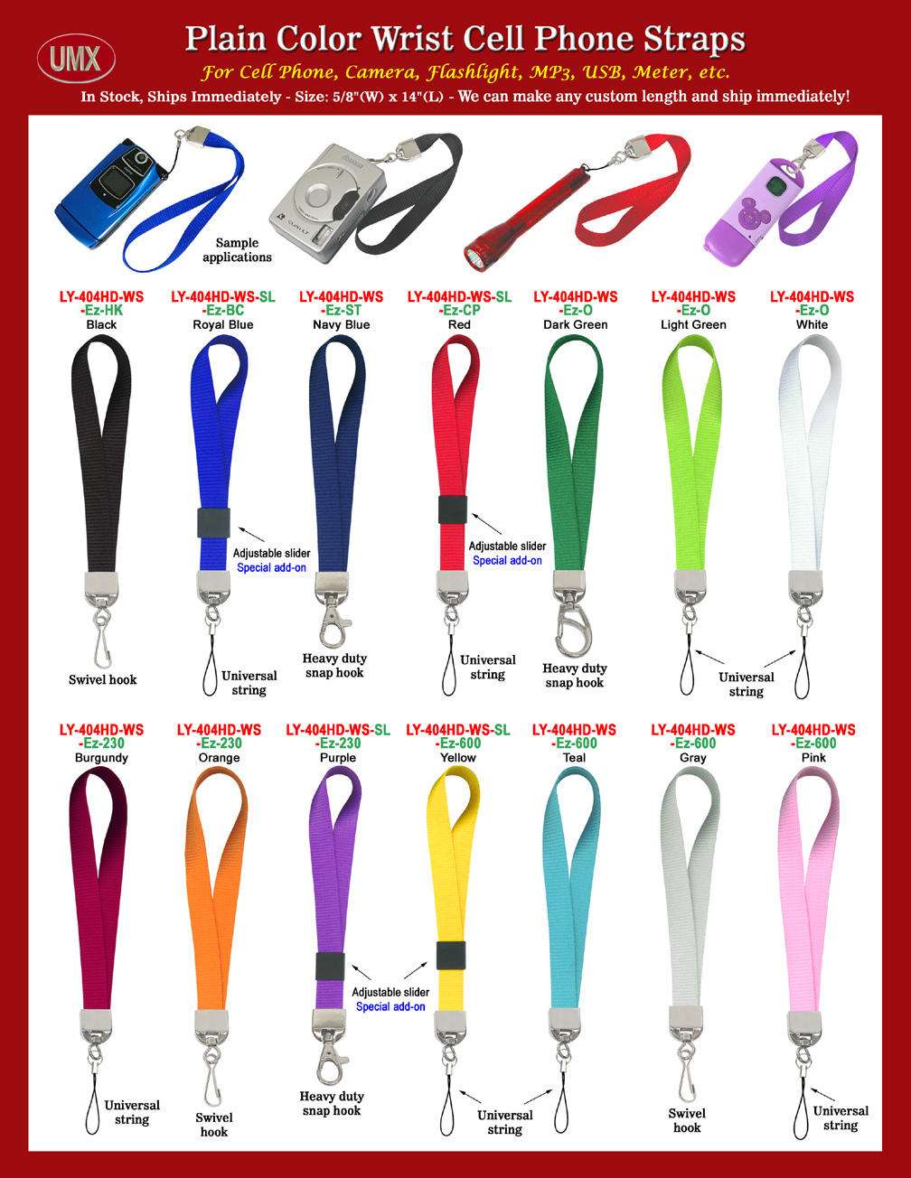 Ez-Adjustable Plain Color Cell Phone, Camera, MP3, Flashlight Wrist Straps.