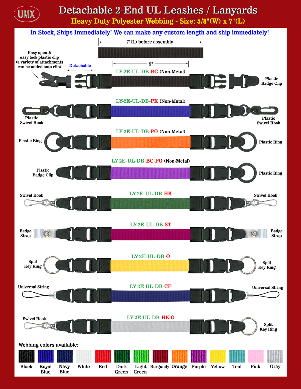 5/8" Plain Color Universal Link 2-End Leash Lanyards With Quick Release Buckles - With 13-Colors In Stock.
