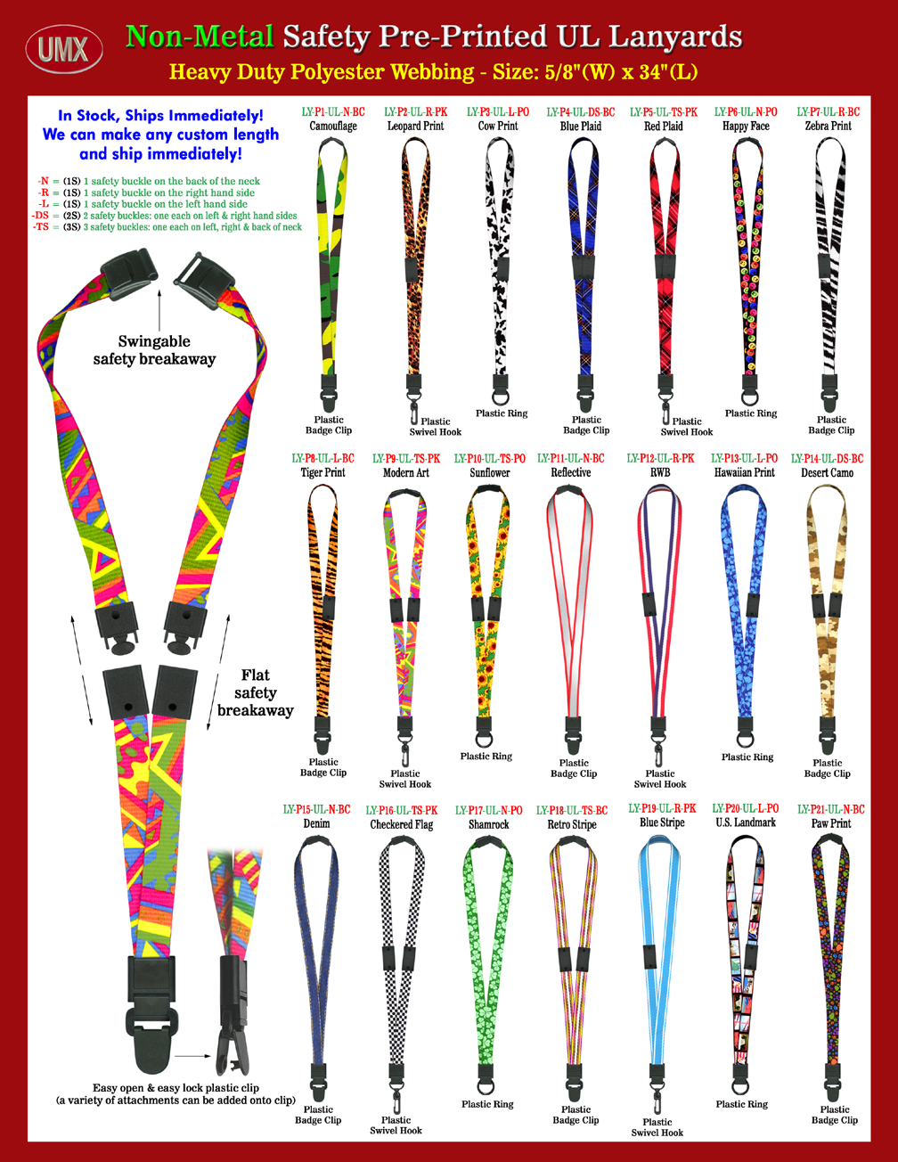 All Plastic Hardware Pre-Printed Color Safety Breakaway Universal Link Lanyards