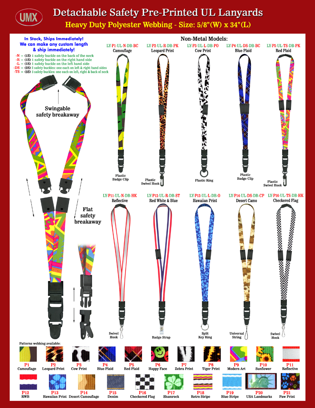 5/8" Pre-Printed Color Quick Release Safety Breakaway Universal Link Lanyards