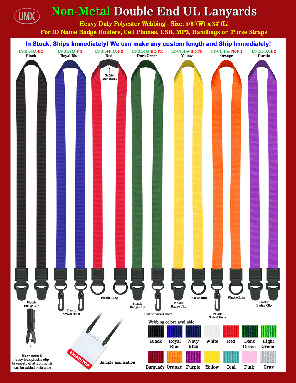 Plain Color Double-End Universal Link Lanyards With Plastic Hardware At Each End..