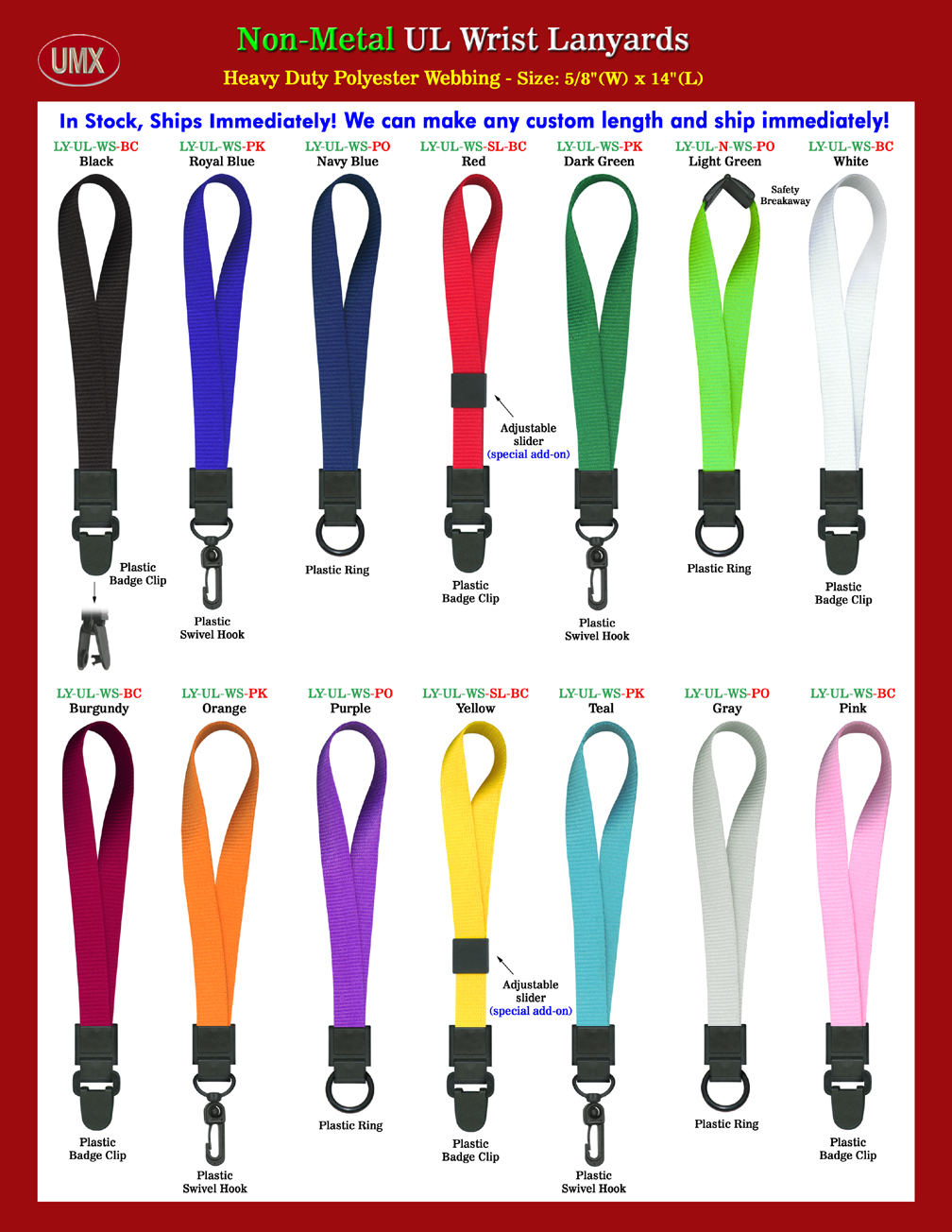 5/8" Heavy Duty All Plastic Plain Color Universal Link Wrist Lanyards - Scan-Safe Wrist Lanyards With 13-Colors In Stock.